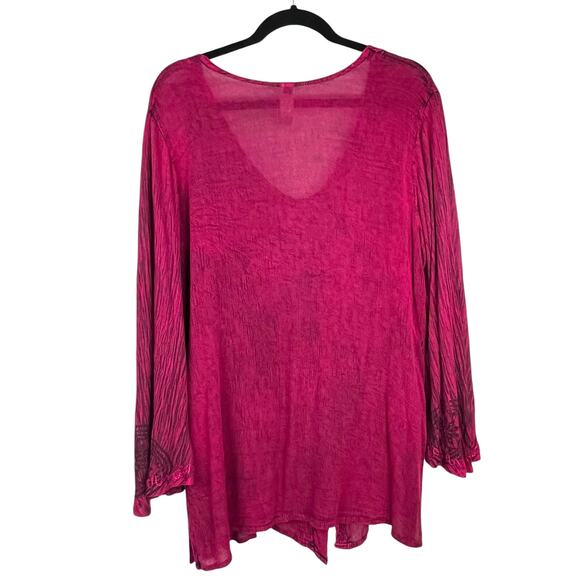 INDIA BOUTIQUE Boho Crinkle Cotton Embroidered Button Front Tunic Bell Sleeves - Picture 4 of 6